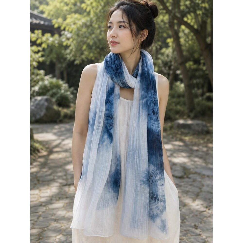 Indigo Tie Dye Scarf, Hand Dyed Tencel Linen Wrap, Plant Indigo Shawl